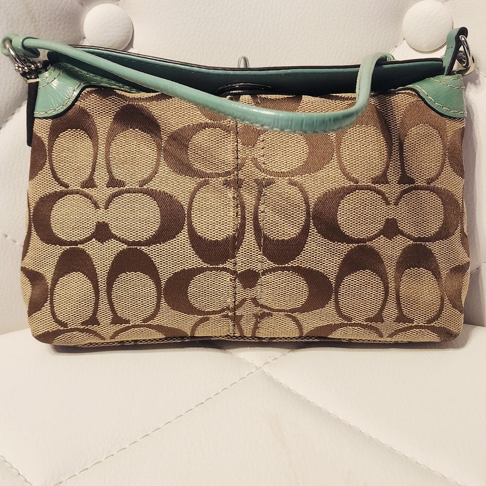 VINTAGE COACH Signature Turn-lock Jacquard C Brown and Turquoise Wristlet - Picture 7 of 12